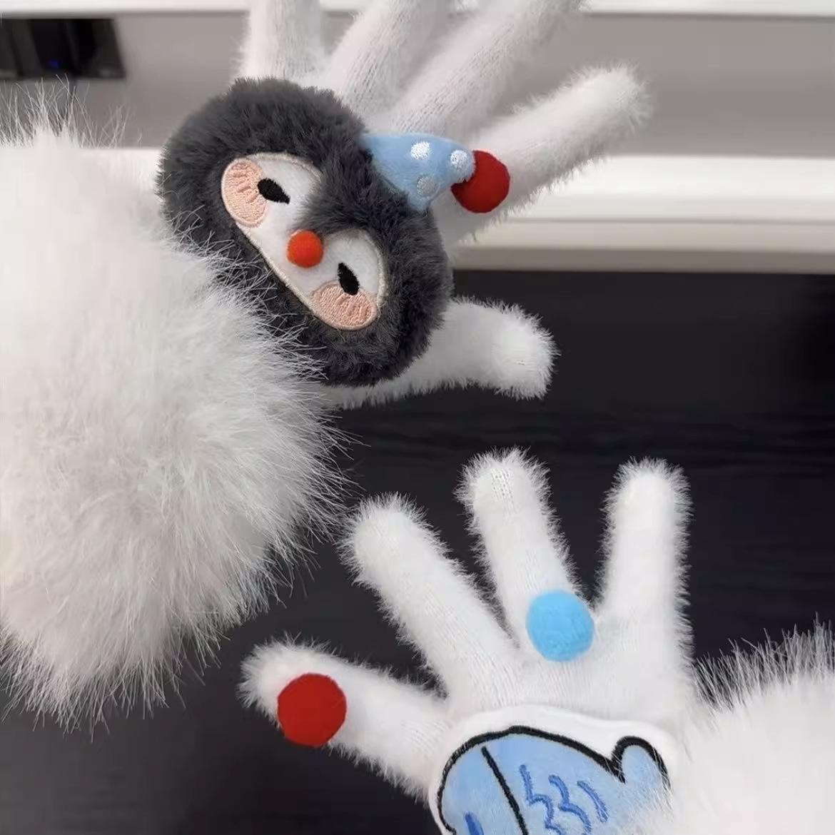 

Penguin plush girl cute hand knitting day outdoor cold and windproof five fingers білий