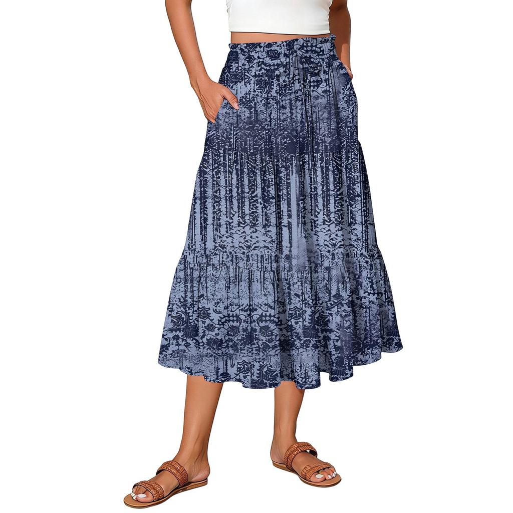 Womens Maxi Skirt Drawstring High Waisted Summer Long Skirts Lightweight Tiered Flowy Floral Pleated Skirts