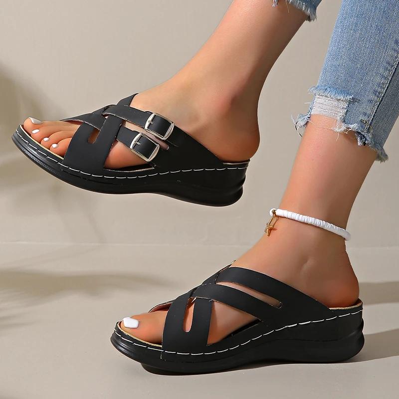 Fashion Mix Color Cross Strap Wedge Slippers Women Summer Non Slip Platform Sandals Woman Lightweight Soft Thick Sole Sandalias Mujer 43