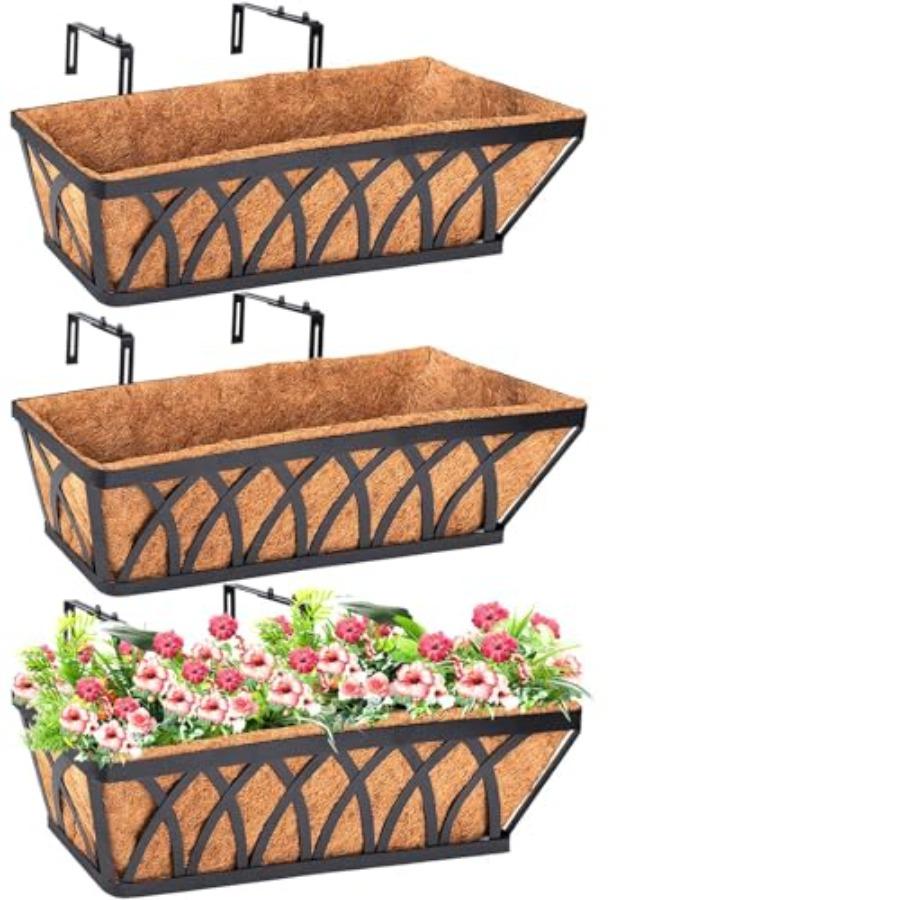 

Deck Railing Planter Window Box - 3 Pack 24 Inch Metal Hanging Flower Planter Basket with Coconut Coir Liner for Outdoor Lawn B United States