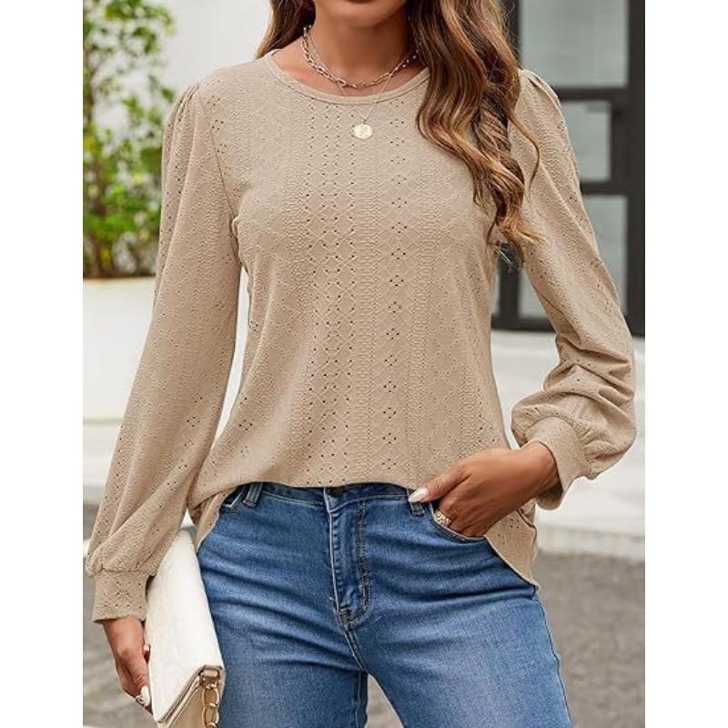 Women's Blouse Round Neck Small Eyelet Bubble Sleeve Long Sleeve Top