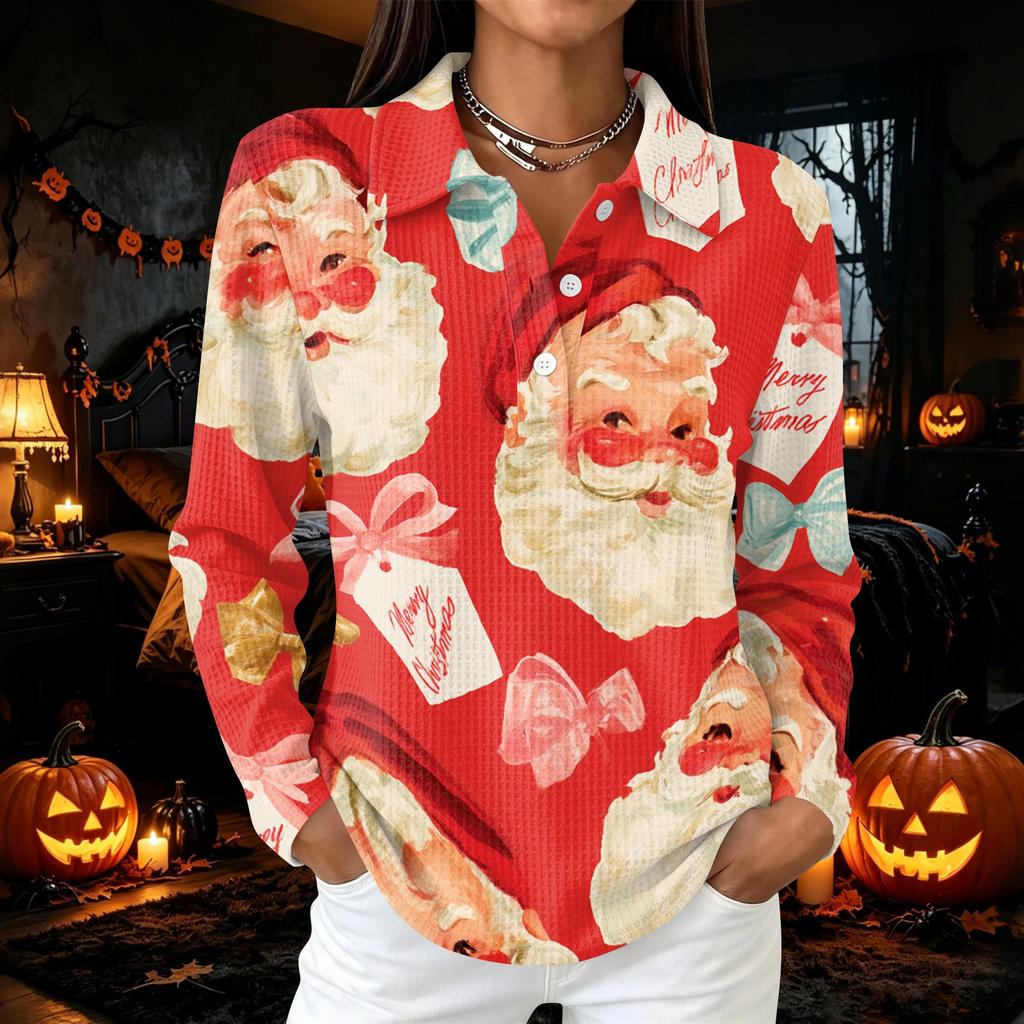 Women's Casual Button Long Sleeve Christmas Print Collared Top with Side Slits at Hem