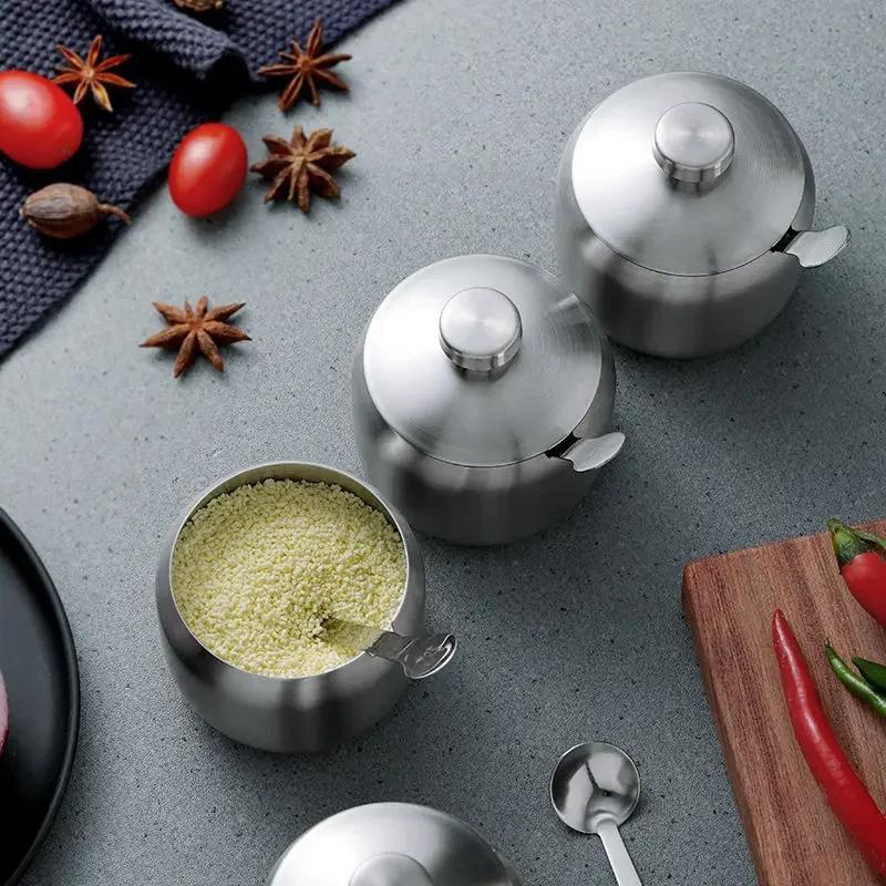 304 Stainless Steel Seasoning Jars Creative 360° Rotating Salt Sugar Bowl Spice Jar with Lid Kitchen Condiment bottle with Spoon