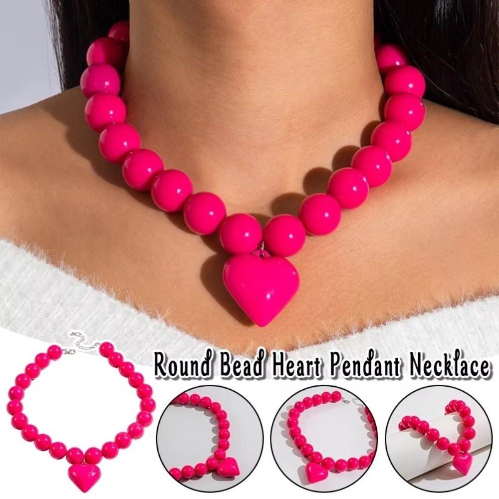 Adjustable Heart-shaped Pendant Necklace Metal Acrylic Round Bead Necklace For Women
