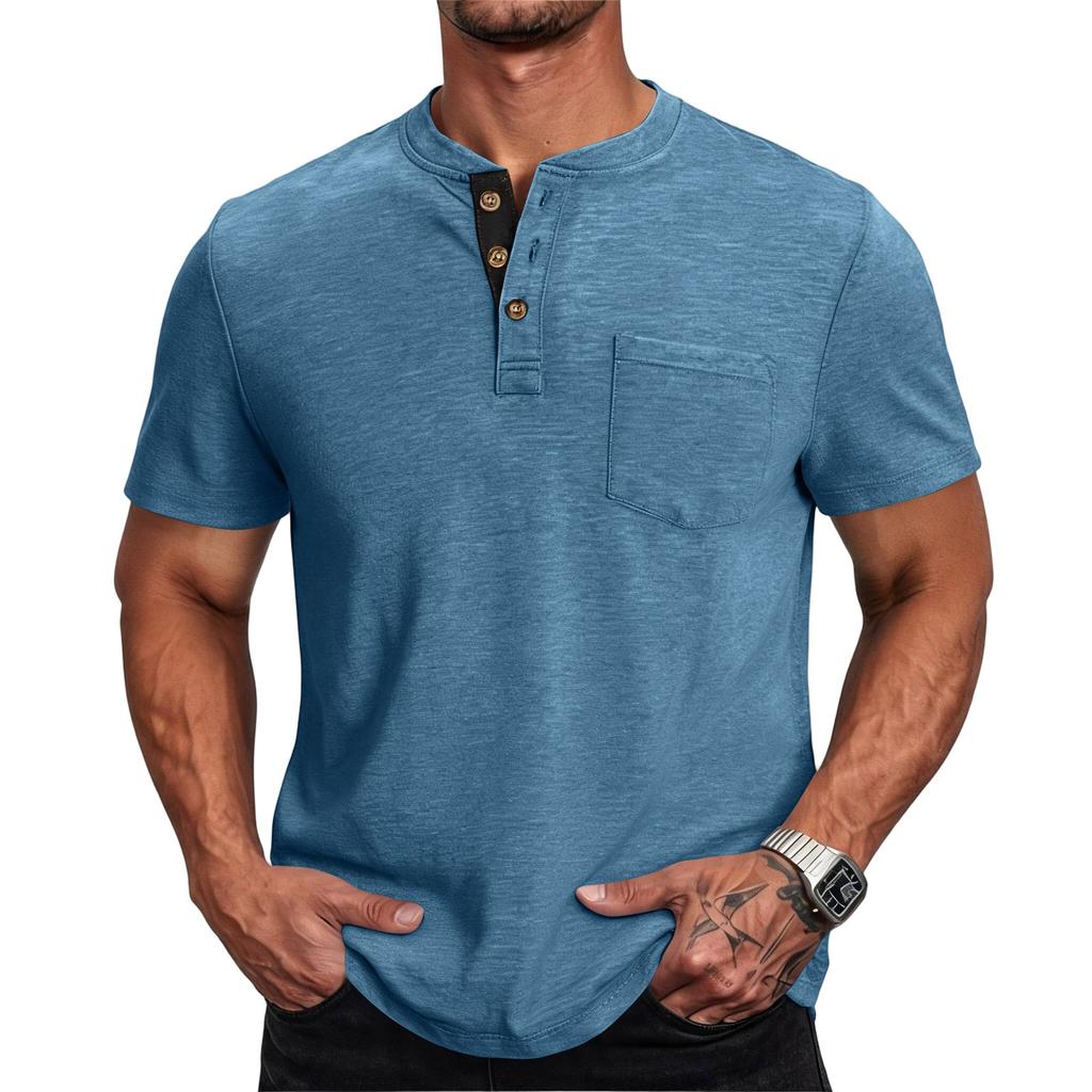 Men Henley Neck Short Sleeve T Shirt Casual Basic Button Front Athletic Fit Pullover Top with Chest Pocket for Everyday Wear