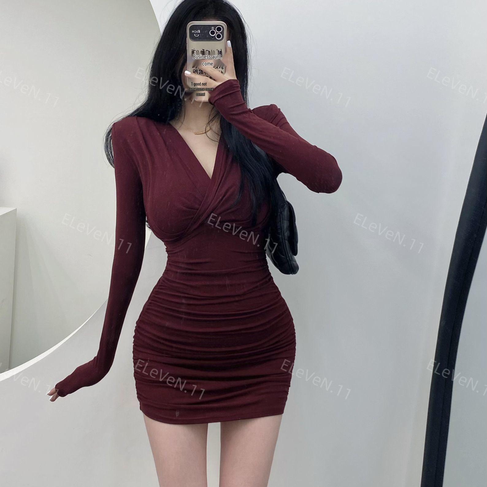 

Mature Sister Style V-Neck Bodycon Long Sleeve Dress for Women - Autumn Winter S (85-95 cm)