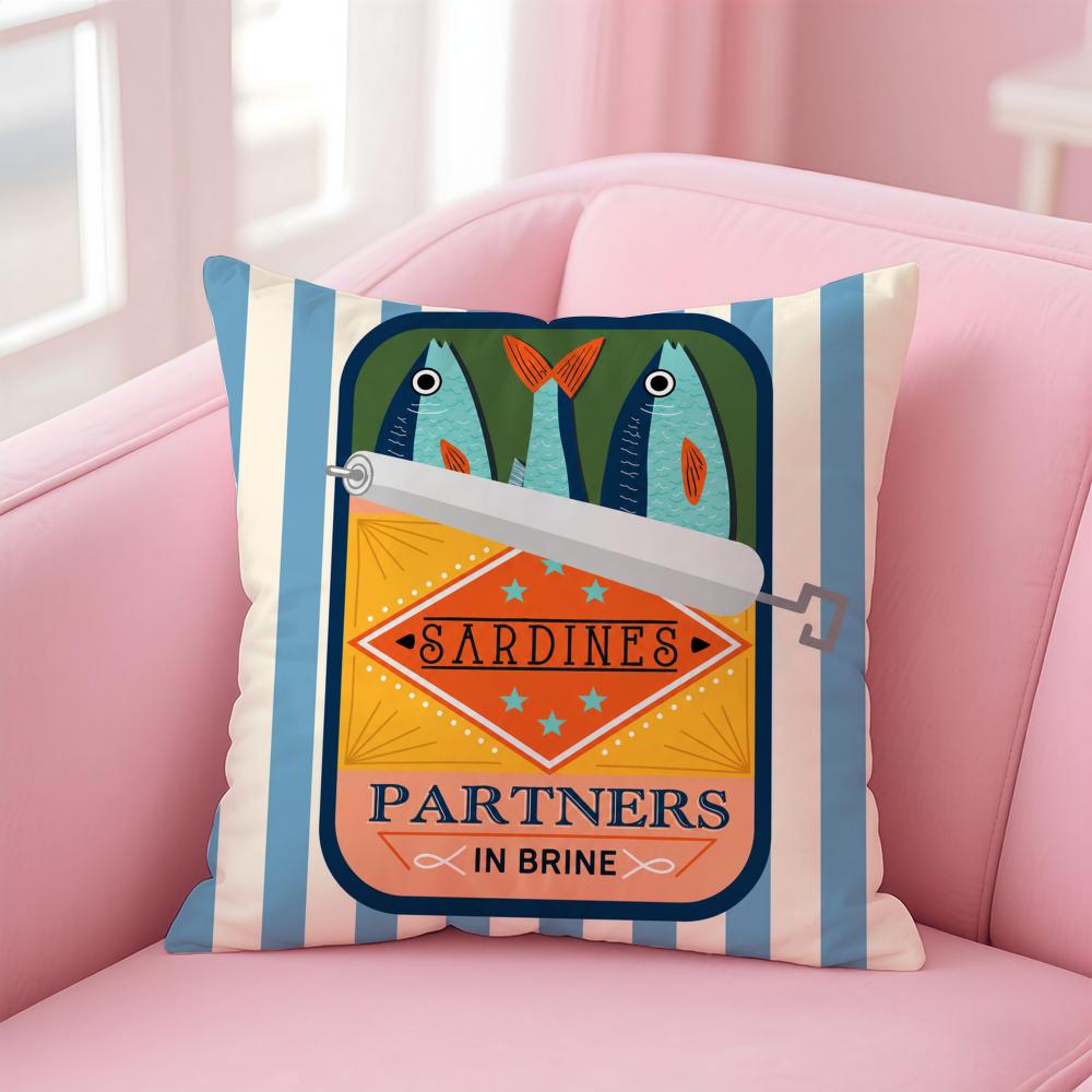 Cushion Cover Sardines in A Tin with Striped Short Plush Soft DoubleSided Printing Pillow Case Cozy Sofa Bedroom Home Decor