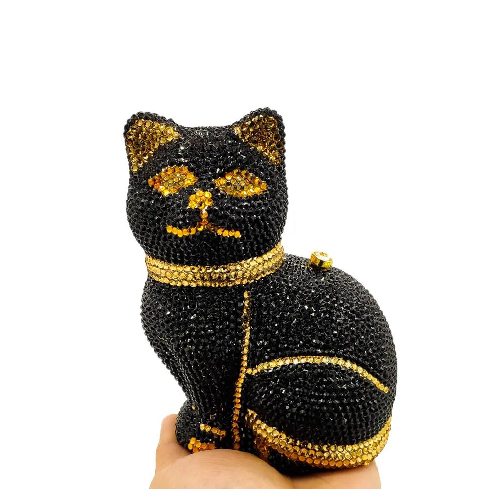 Boutique De FGG Black Cat Shape Women Crystal Clutch Evening Bags Rhinestone Clutch Minaudiere Handbag Party Wedding Purse