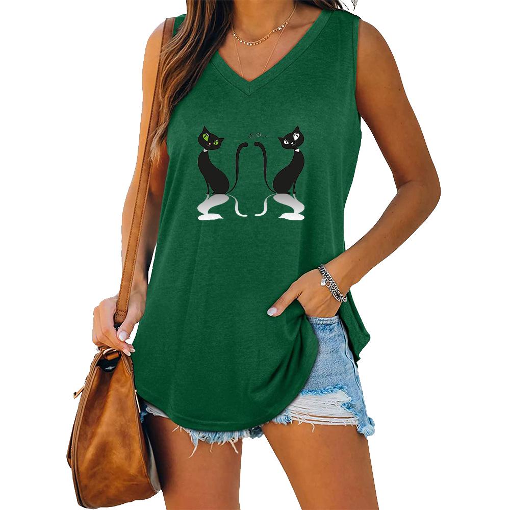 Women Fashion V-neck Sleeveless T-shirt Women Casual Cat Printed Tank Top