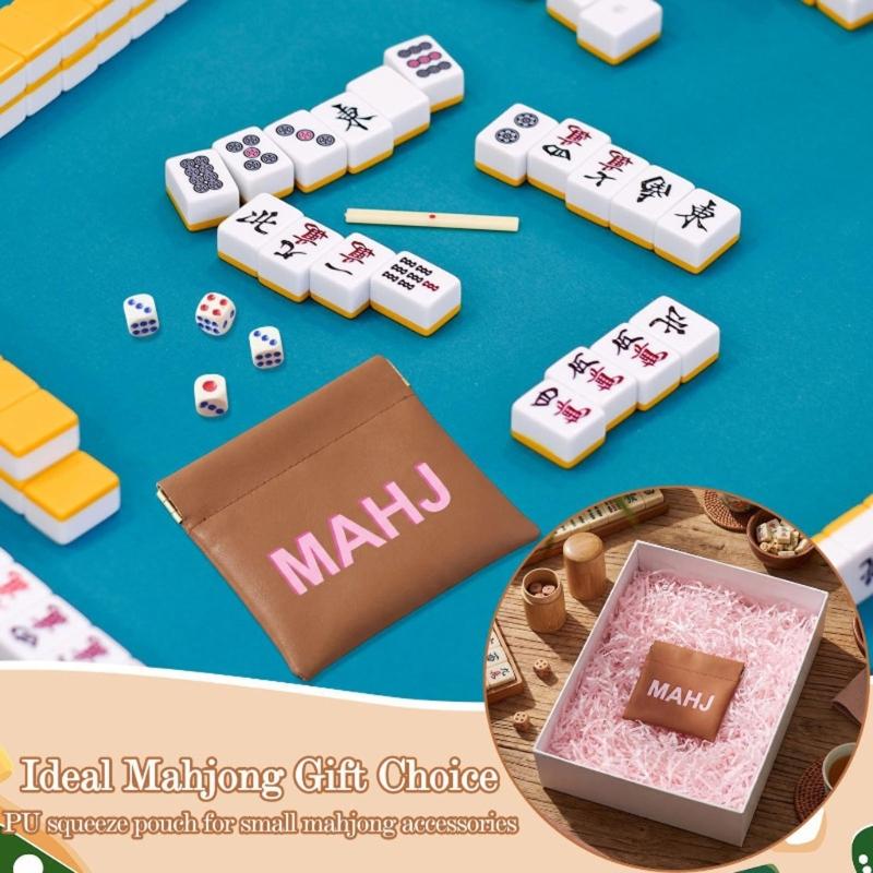 PU Leather Mahjong Score Card Pouch with Auto-Close Spring Frame, Small Storage Case for Home Table Use and Travel