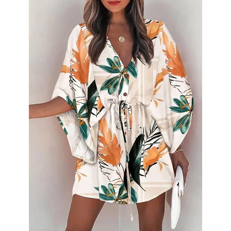 2026 European and American Beach Skirt Women's Summer V-neck Lace-Up Printed Dress Patchwork Polyester Southeast Asia