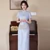 Blue Modern Chinese-Inspired Long Qipao Dress Women 2026 Daily Wear Slim Fit With Embroidered Floral