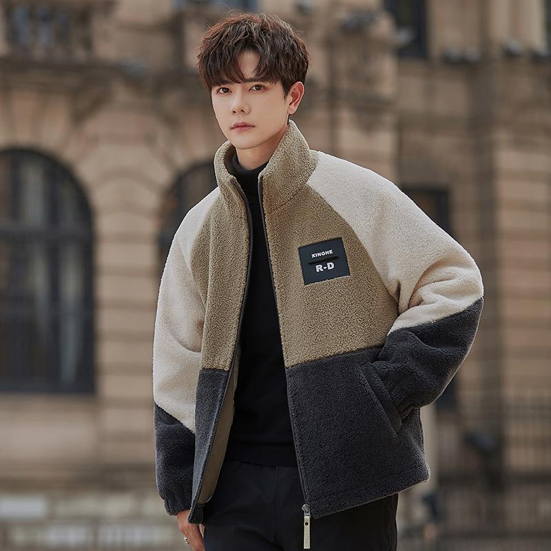 

Контрастная цветная куртка из анти-ягнячьей шерсти, мужская, зимняя, подростковая, студенческая, новая, из гранулированного бархата, утепленная куртка, одежда, утолщенная 2XL