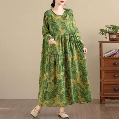 Neues Frühling Sommer Vintage Floral Print Maxikleid Locker Übergröße Langarm für Damen Übergröße