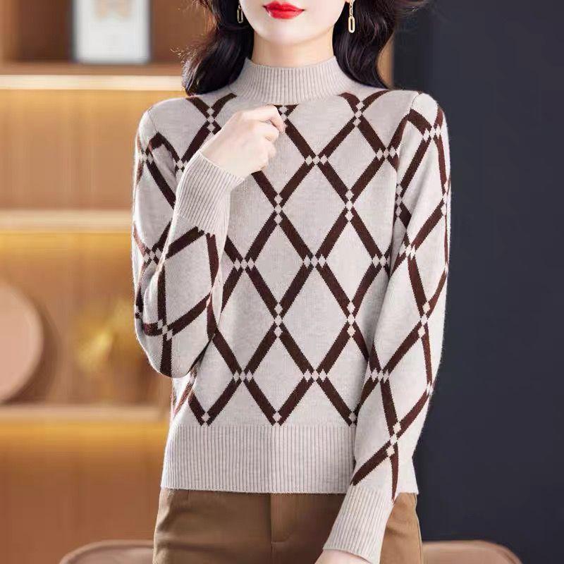 Winter Locker sitzender Pullover Spleißen Halber hoher Kragen Dicker Pullover Damen Jacquardstrick Basis