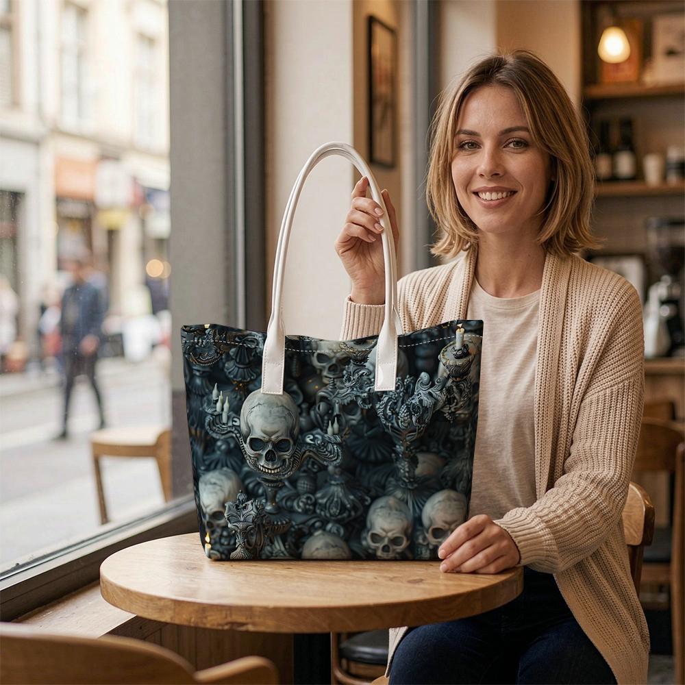 Gothic Skull Pattern Daily Tote Bag Portable Casual Shopping Shoulder Bag for Streetwear