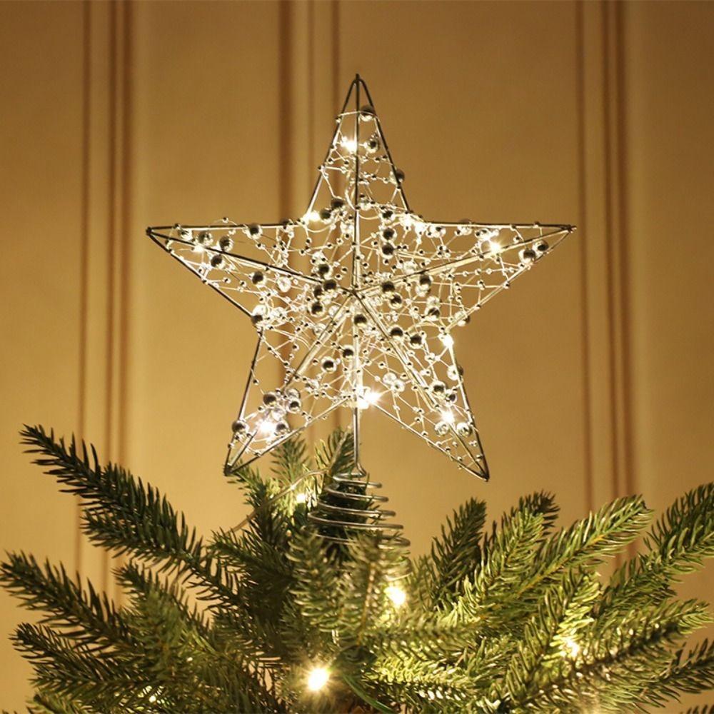 

Gold Iron Xmas Tree Ornaments Pearl Wire Sparkling Night Light LED Glowing Star Lamp Party Decor 3