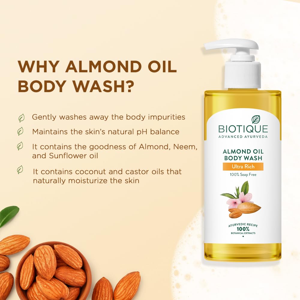 Biotique Almond Oil Body Wash 300ml, Ultra Rich Gel for Dark Spot Removal & Even Skin Tone, All Skin Types