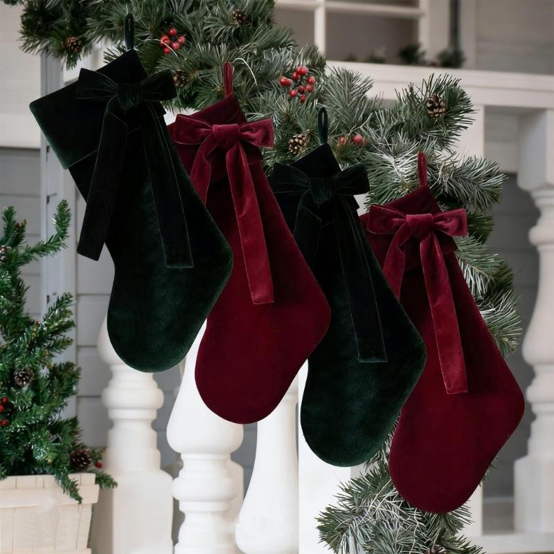 20 Inch  Christmas Stocking with Large Decorative Bow Luxury  Stocking for Firepitscreen Mantel, Elegant Holiday Decor