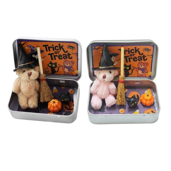 Halloween Bear In A Box Handmade Cute Witch Bear In A Tin for Trick or Treat Miniature Plush Bear with Broom Pumpkin Cat Halloween Party Gift