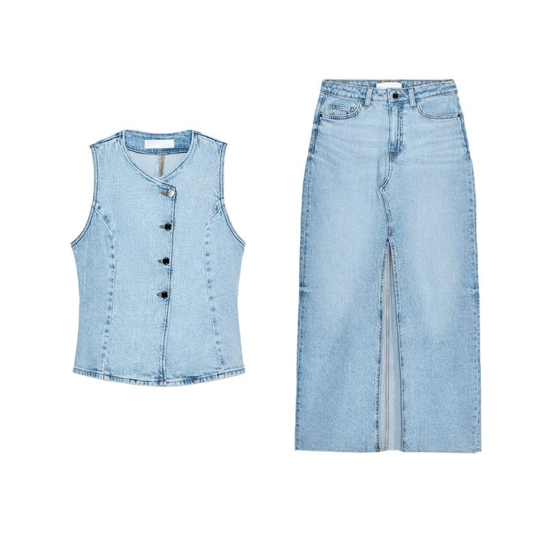 Spring and Summer Cinched Sleeveless round Neck Denim Vest 8228038 Midi Skirt High Waist Casual Denim Skirt 8228023