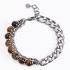 Men’s Stainless Steel Tiger Eye Double-Sided Polished Chain Bracelet with Natural Stone Beads.