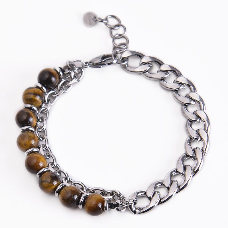 Men’s Stainless Steel Tiger Eye Double-Sided Polished Chain Bracelet with Natural Stone Beads.