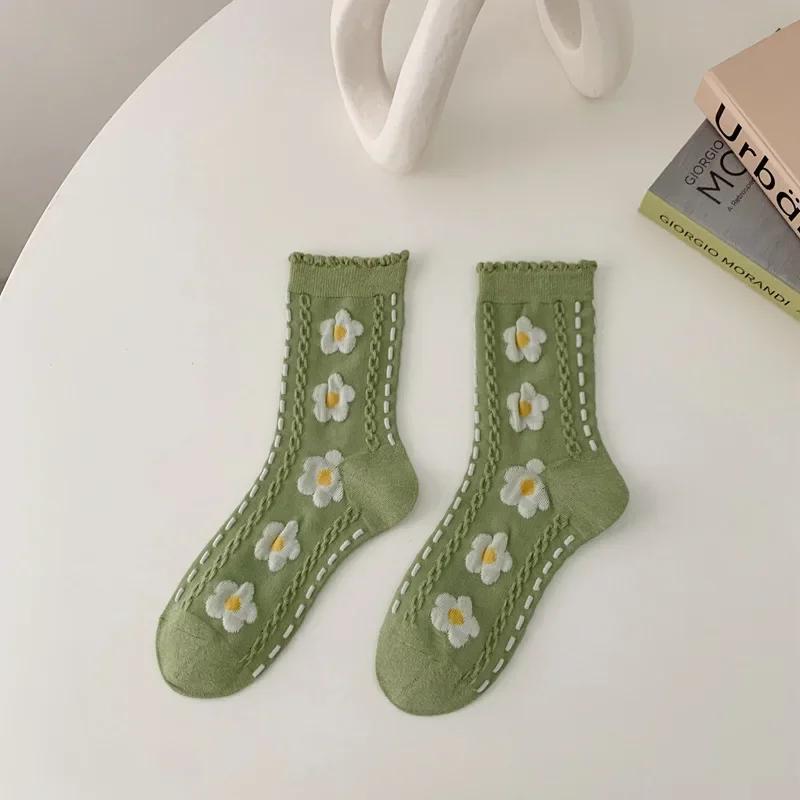 Women Socks Korean Japanese Style Cartoon Green Flower Harajuku Cute Kawaii Mid Tube Socks Breathable Casual Short  Cotton Socks