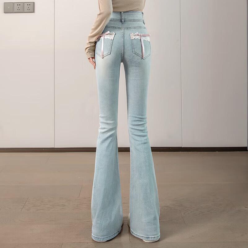 Siboshe Women's Slim Flare Washed Denim Jeans with Bow Detail