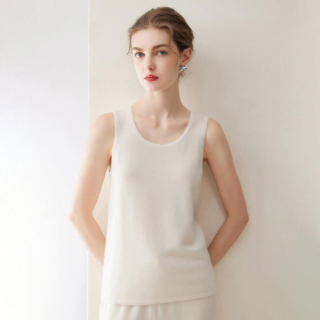 Women's Cashmere Sleeveless Camisole: Low-Neck Knit Top in Winter White, Blue, Green, Velvet, and Rice Colors.