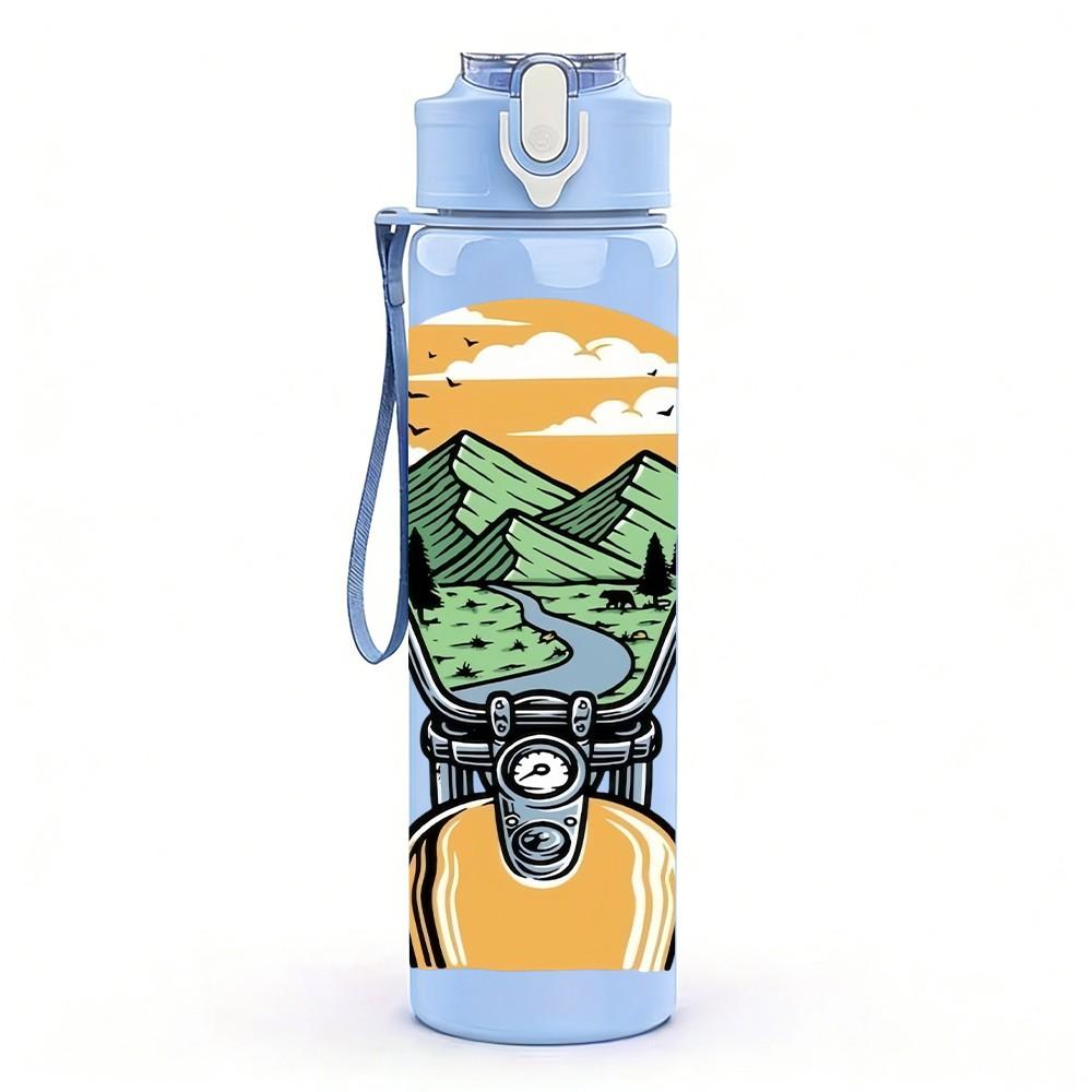 1PC Mountain Biker Rider Retro Character Print 750ml Color Plastic Sports Water Bottle Leakproof Flip Straw Lid Suitable for Sports Office Home Use