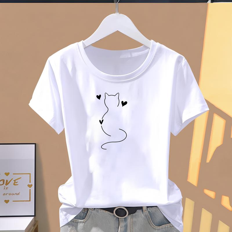 Women's summer T-shirt, cute and fashionable printed pattern, short-sleeve trendy top.