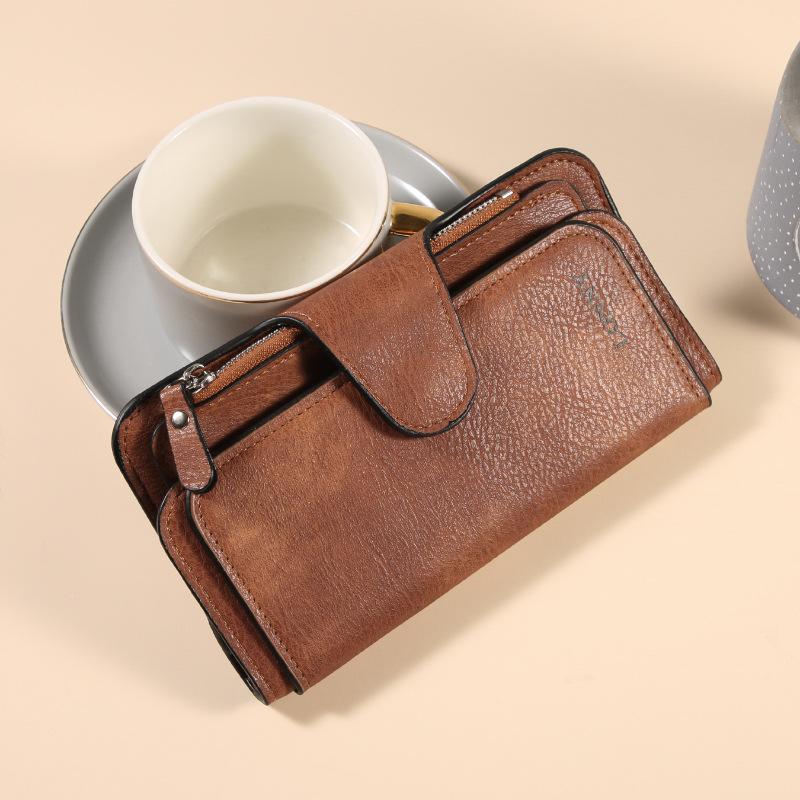 Women Long Wallet Money Clip PU Leather 3 Fold Women's Wallets Clutch Color Blocking Retro Coin Purse Card Holder