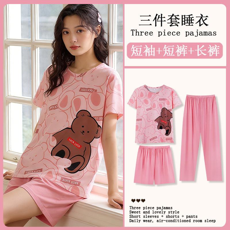 Summer Korean Sweet Pajamas Women's Crew Neck Short-sleeved Three-piece Comfortable Women's Loungewear Spot Straight Hair