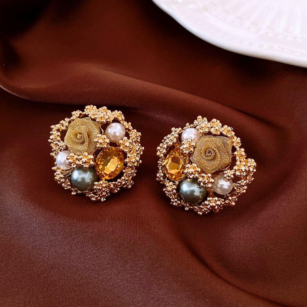 Rhinestone Garland Earrings Exquisite Flower Stud Earrings Elegant Vintage Pearl Earrings  Party