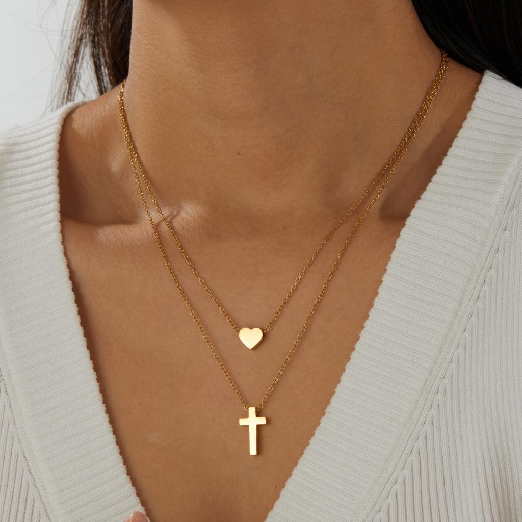316L Stainless Steel Double Layer Cross Heart Pendant Collarbone Necklaces For Women Creative Fashion New Jewelry Party Gift