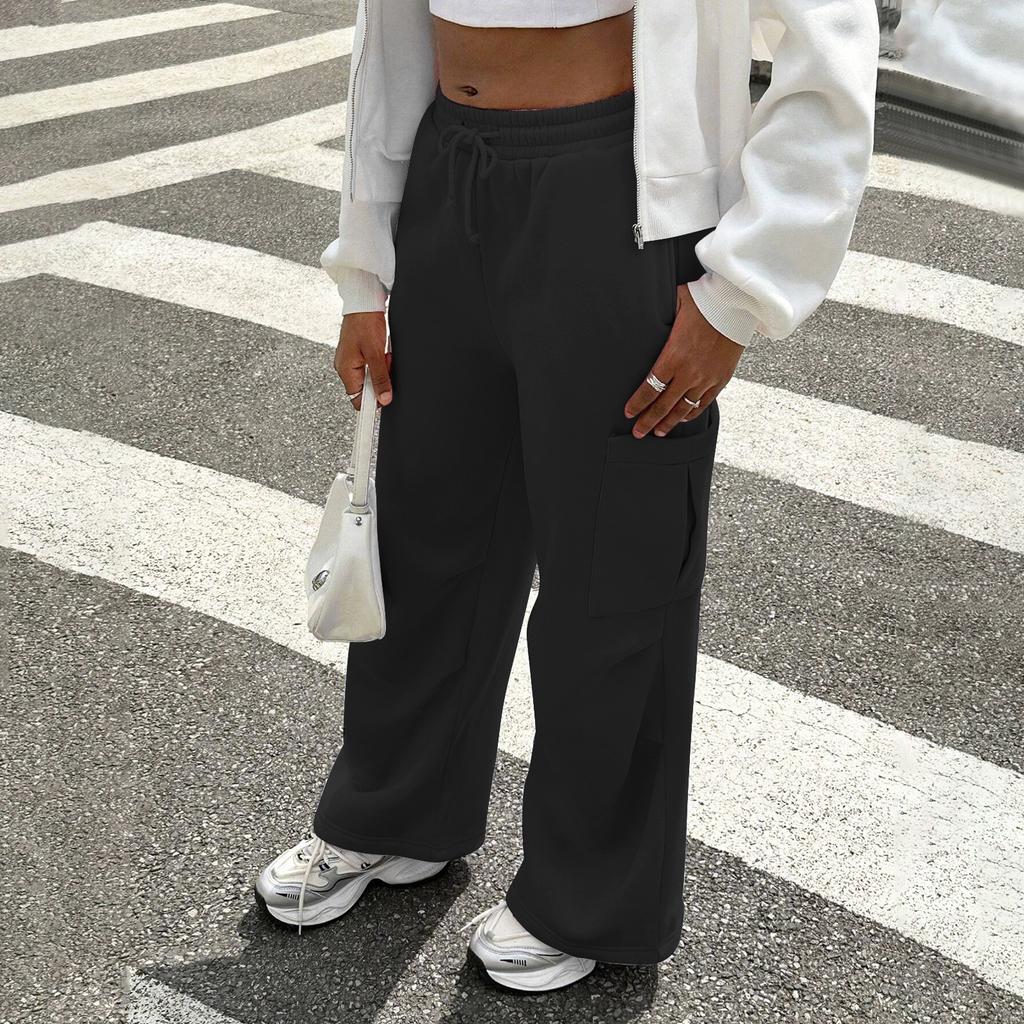 Damen Casual Mode Einfarbig Elastischer Bund Kordelzug Tasche Weitbein Gerade geschnittene Jogginghosen