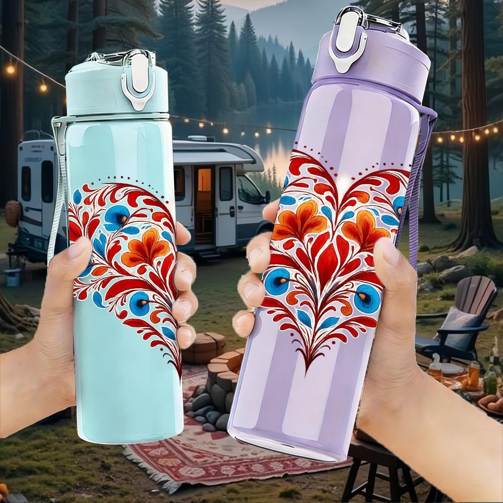 1PC Folk Floral Heart Pattern 750ml Color Plastic Sports Water Bottle Leakproof Flip Straw Lid Suitable for Sports Office Home Use