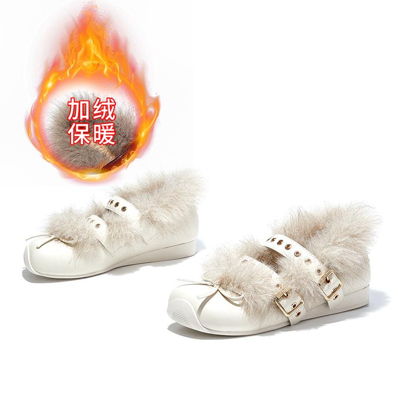 

Luxury Bow Double Buckle Design Mary Jane Shoe Women Comfortable Warm Fluffy Winter Low Heel Pumps Fashion Round Toe Casual Shoe 40 білий