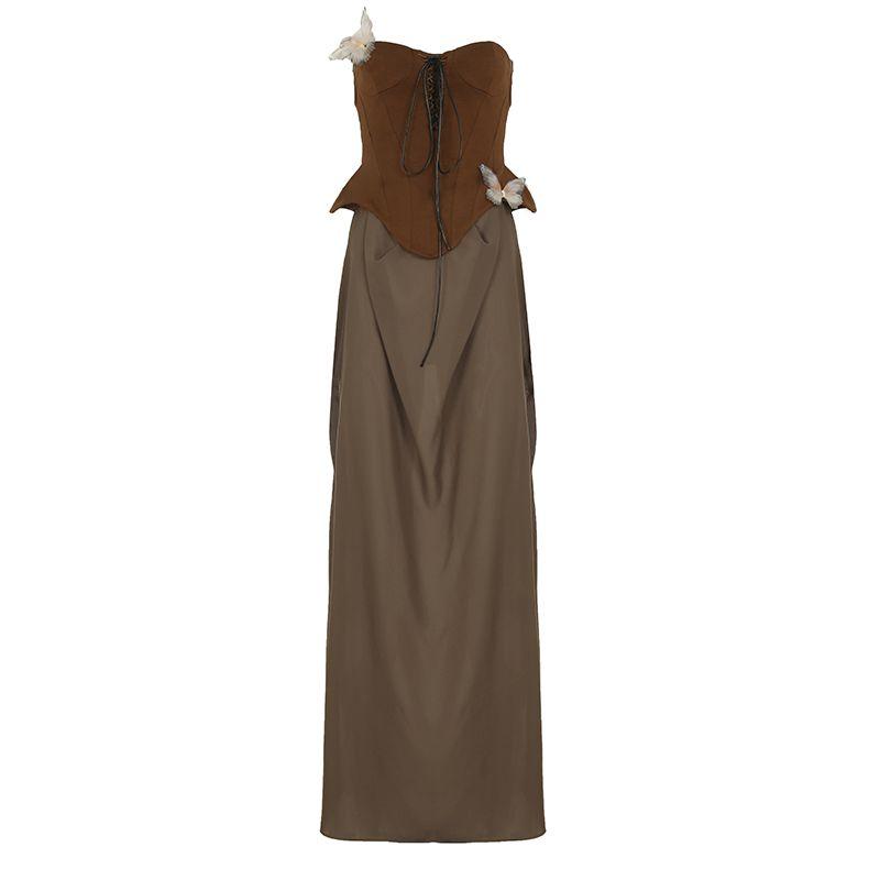 

H Home European and American Women s Clothing Venus Goddess Detachable Tube Top Bud Long Dress Lace up Waist Sexy Dress Tide Brown L