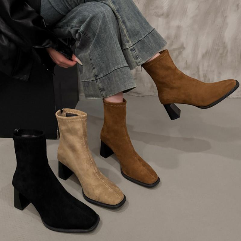 Fashion Autumn Winter Square Toe Slim Women Ankle Boots Street Style Party Short Plush Shoes High Heel Short Botas Mujer