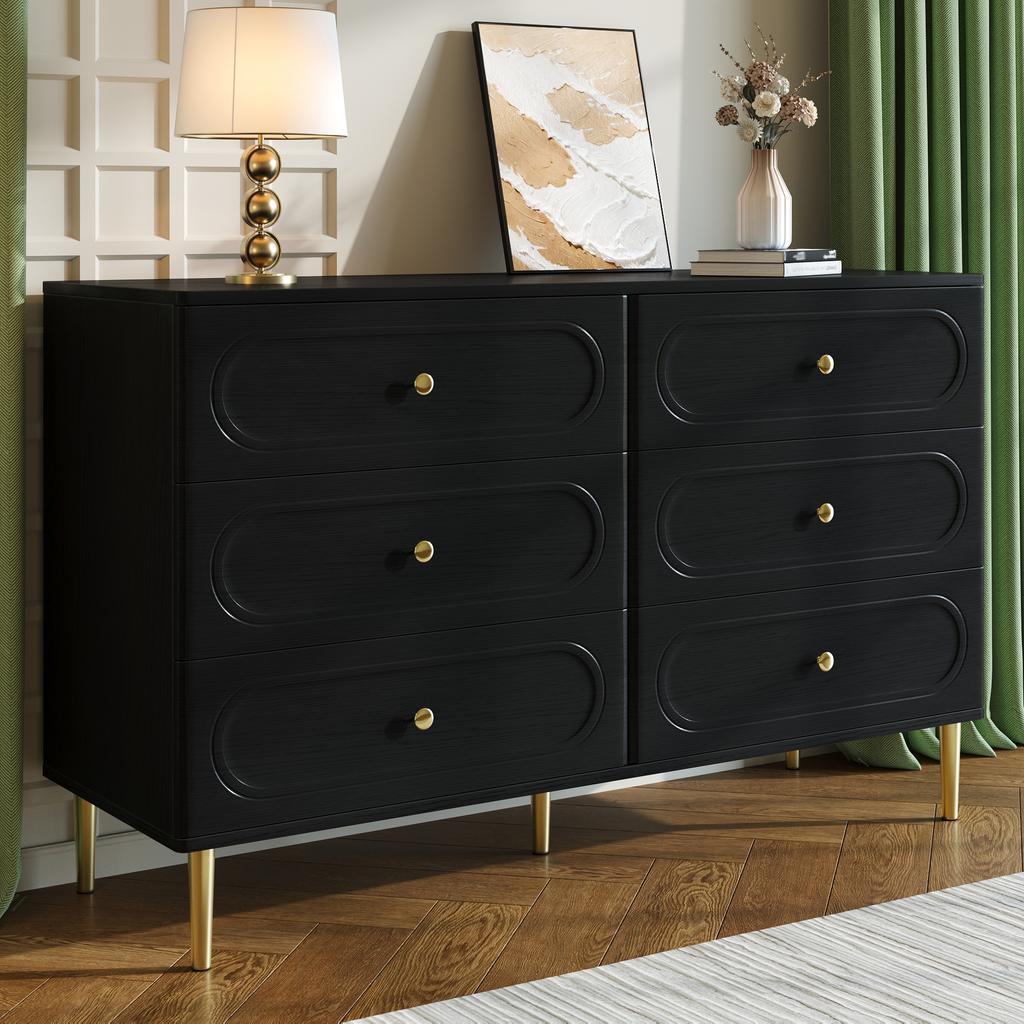 Sideboard, Kommode mit 6 Schubladen, Ovale Aussparungen, Metallfüße, Moderner Aufbewahrungsschrank für das Wohnzimmer
