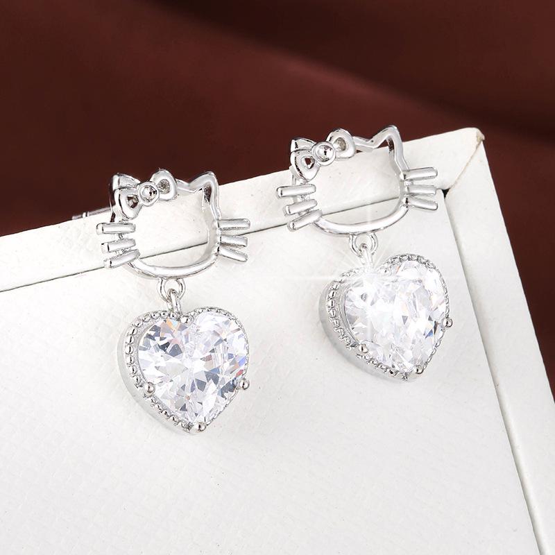 Sweet Kitten Heart Earrings: Cute Cartoon Cat with Gold-Plated Copper & Zircon Dangling Hearts