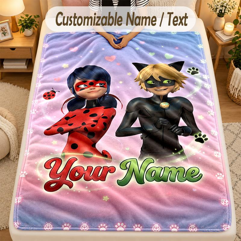 Couverture en Flanelle Miraculous Ladybug Nom Personnalisé Texte Personnalisé Douce Chaude Jeté Décoration de Maison Cadeau