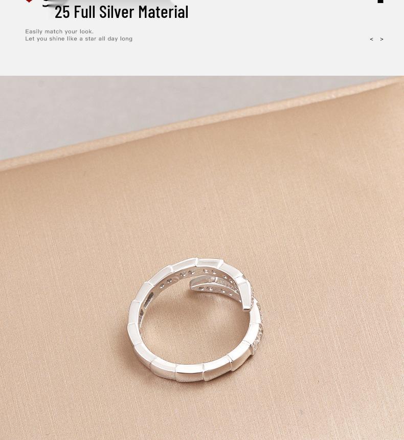 S925 Sterling Silver Snake Head Adjustable Open Ring for Women - Korean/Japanese Style Light Luxury with Full Diamond Shine