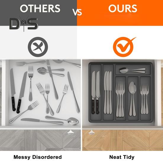 Kitchen Flatware Utensil Holder with Lid 6 Compartments Drawer Countertop Chopstick Spoon Fork Cutter Cutlery Storage Box Covered Organizer Tray