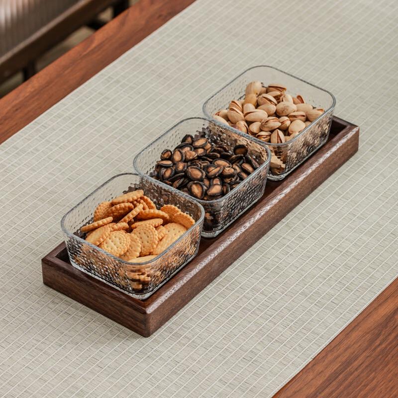 

Walnut Wood Serving Platter with Glass Bowls