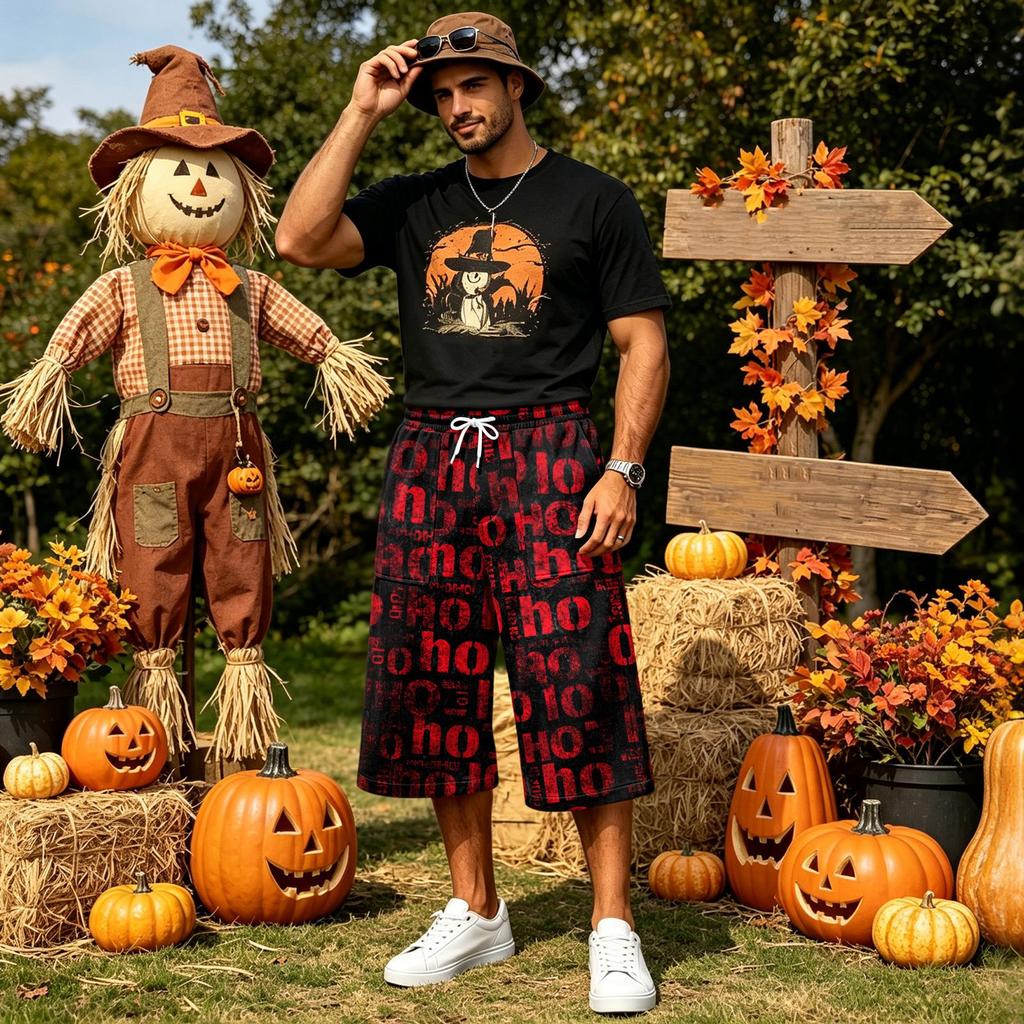 Men's Loose Fit Halloween Print Cargo Shorts with Large Pockets