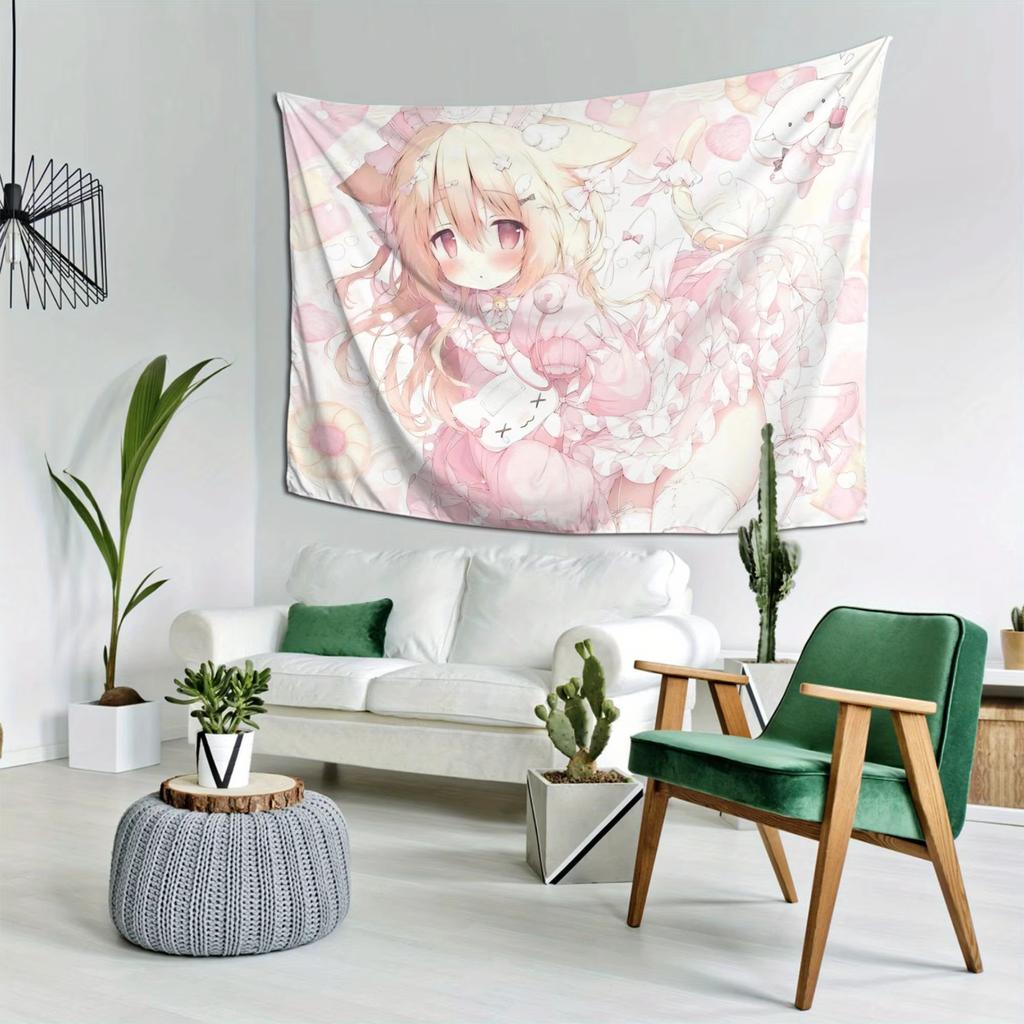 VIKAMA Cute Cat Ear Girl Gaming Tapestry Pink Dress Girl Game Theme Living Room Sofa Background Wall Room Decoration