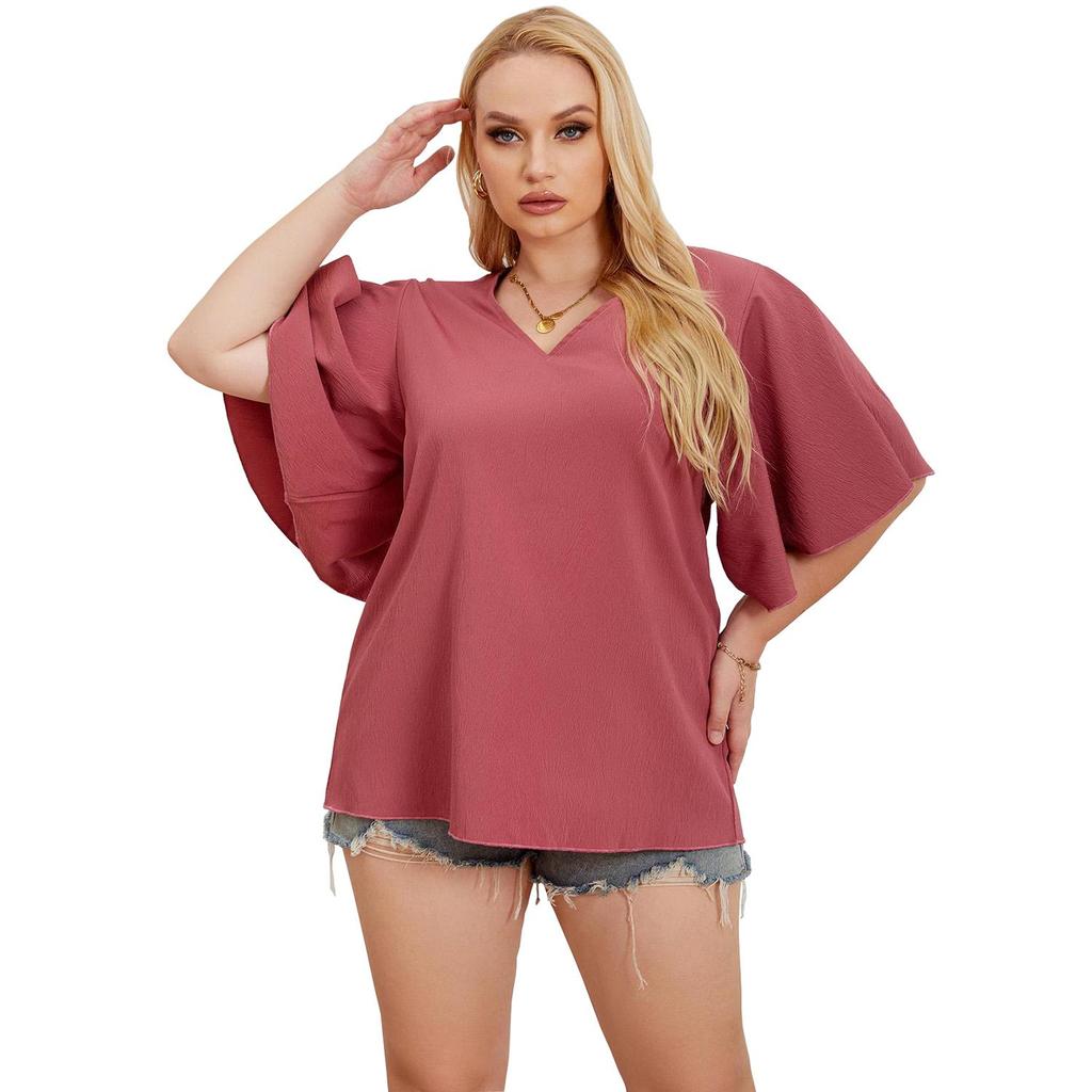 Women’s Oversized Tops Dolman Sleeves Loose Pullover Blouses Solid Color Plus Size V-neck Shirts Summer Casual Wear